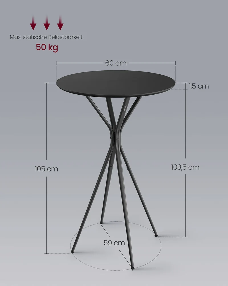 Schwarzer Stehtisch mit X-Beinen – 60 x 60 x 105 cm – Metallgestell – MDF-Tischplatte – Bis 50 kg belastbar