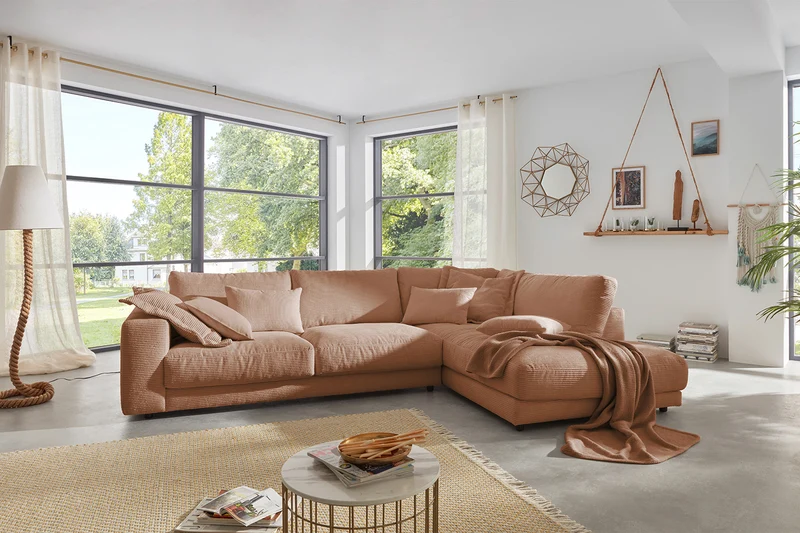KAWOLA Sofa MADELINE Ecksofa mit Recamiere Cord rost