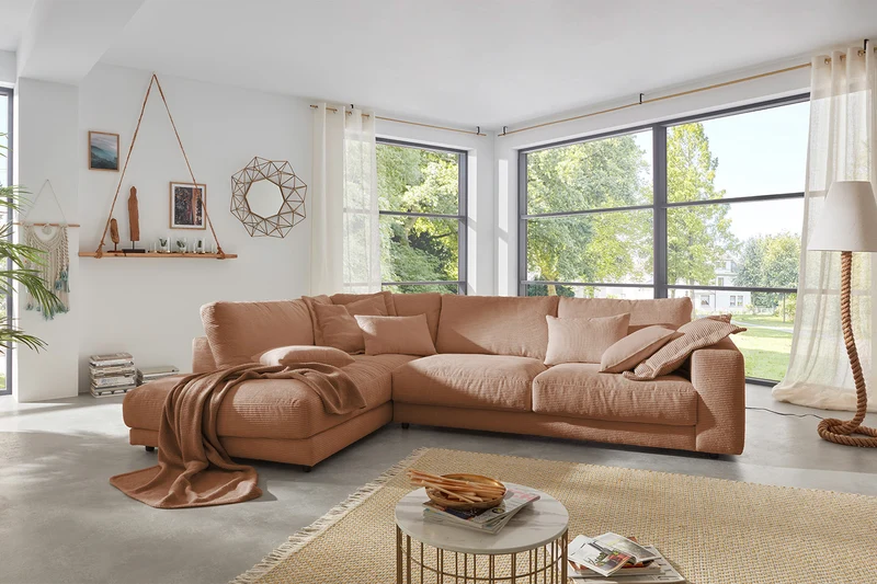 KAWOLA Sofa MADELINE Ecksofa mit Recamiere Cord rost