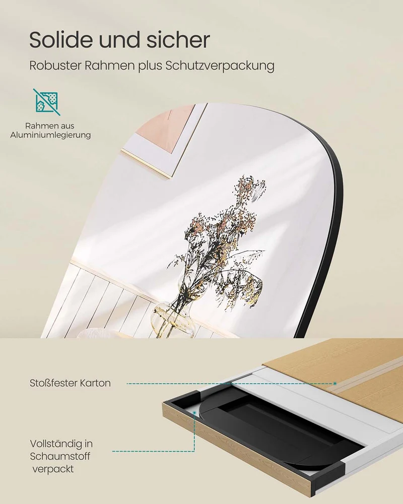 Standspiegel 160 x 50 cm – Gehärtetes Glas mit Aluminiumrahmen – Bruchsicher & Elegant