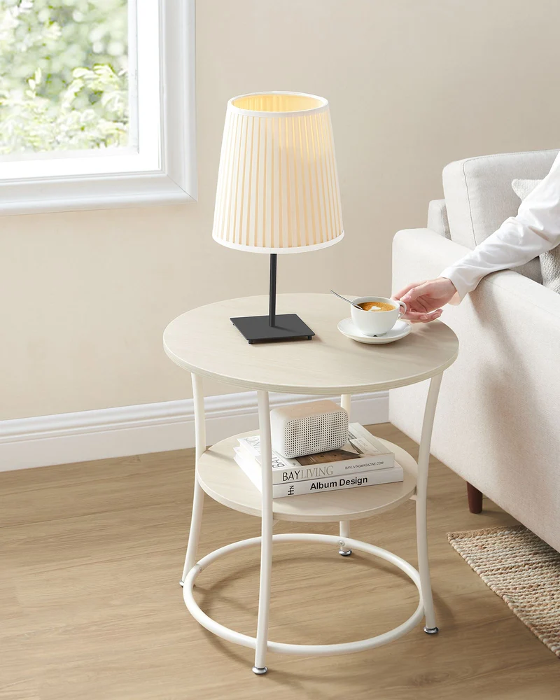 Runder Beistelltisch Walnussbraun-Schwarz – 2 Ebenen – Verstellbare Beine – 55 cm Durchmesser