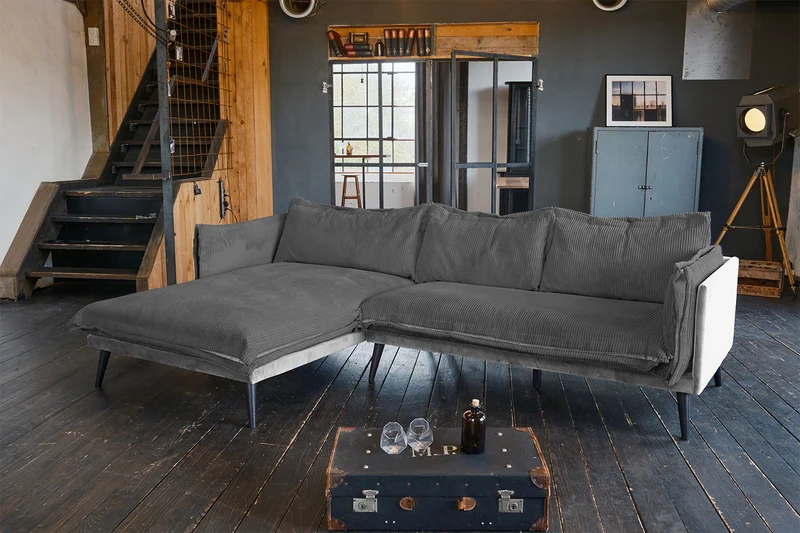 KAWOLA Sofa QUENYA Ecksofa Cord dunkelgrau / Velvet silber