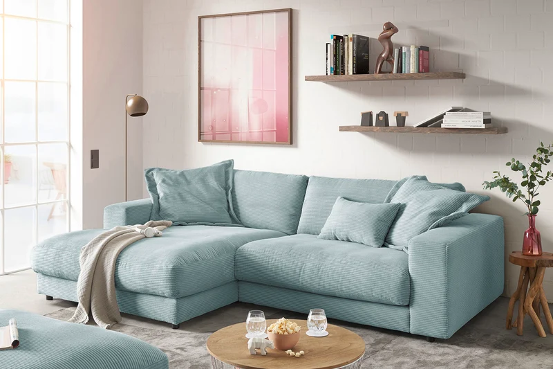 KAWOLA Sofa MADELINE Ecksofa Cord mit Longchair hellblau
