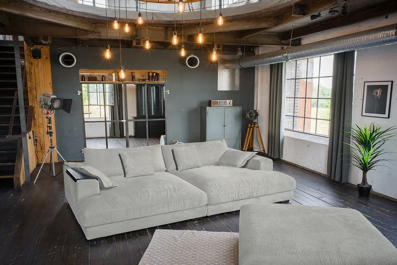 KAWOLA Big Sofa MADELINE Cord hellgrau mit Hocker und 4 Zierkissen