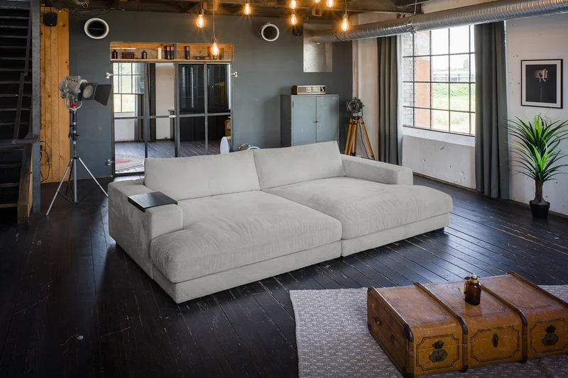 KAWOLA Big Sofa MADELINE Cord hellgrau mit Hocker und 4 Zierkissen