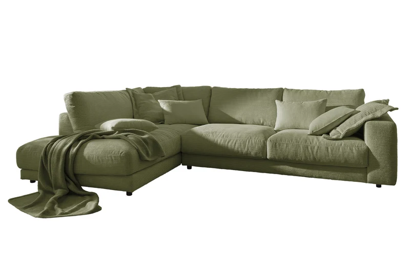KAWOLA Sofa MADELINE Ecksofa mit Recamiere Cord olivgrün