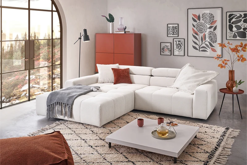 KAWOLA Sofa RENO Ecksofa Feincord weiß