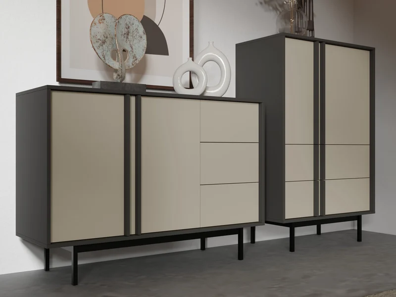 Alsy Kommode 123 cm mit 2 Türen und 3 Schubladen – Anthrazit / Hellbeige