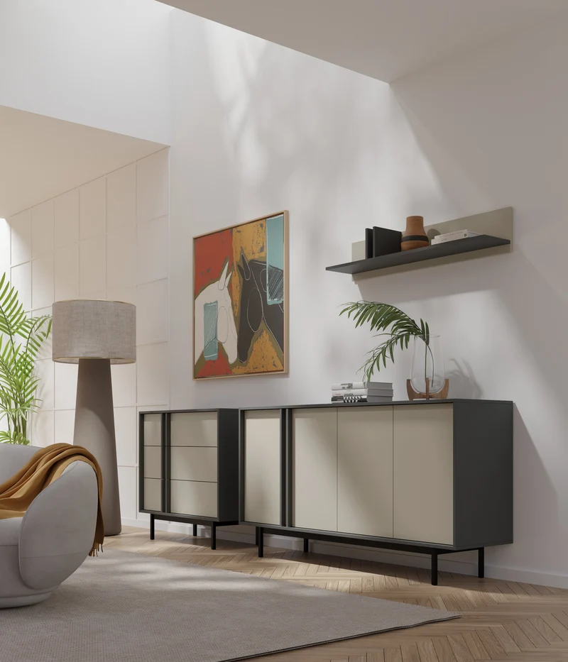 Alsy Kommode 123 cm mit 2 Türen und 3 Schubladen – Anthrazit / Hellbeige