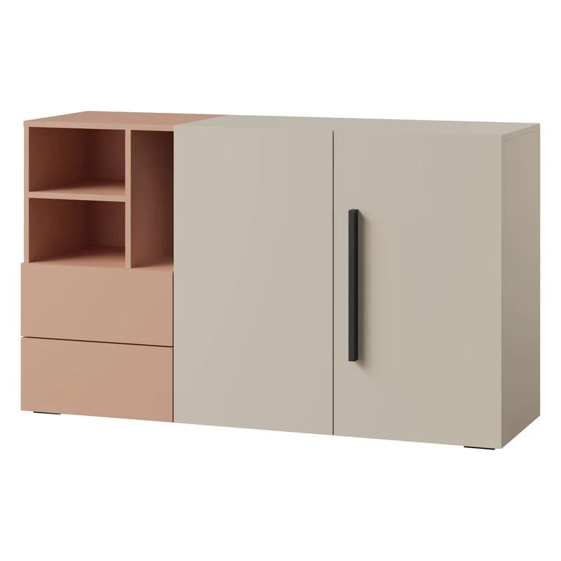 Lorin Kommode 135 cm mit 2 Türen, 2 Schubladen und offenen Fächern – Kaschmir / Alpaka