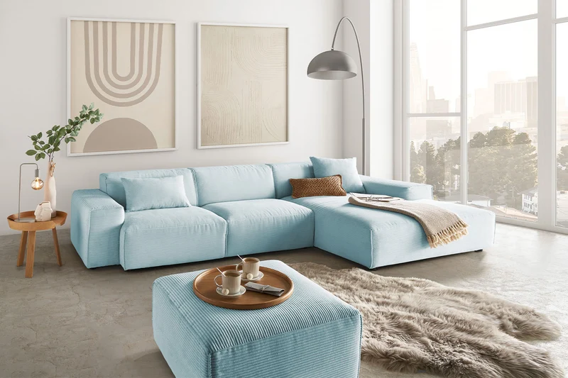 KAWOLA Sofa RANI Ecksofa Cord hellblau