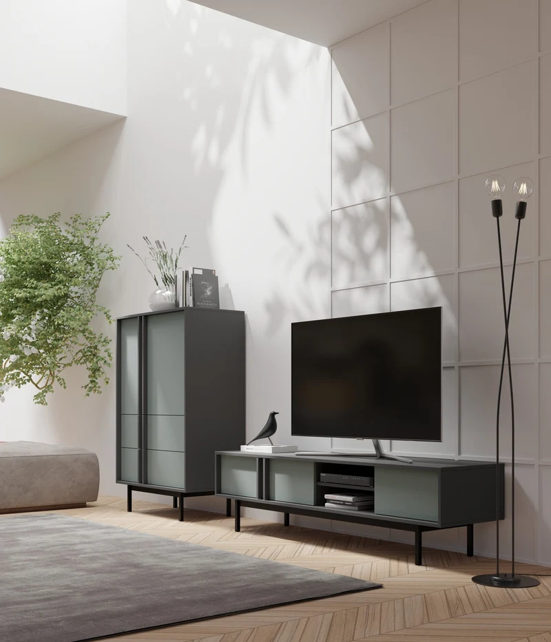 Alsy TV-Lowboard 123 cm mit 2 Türen und offenem Fach – Anthrazit / Aloe