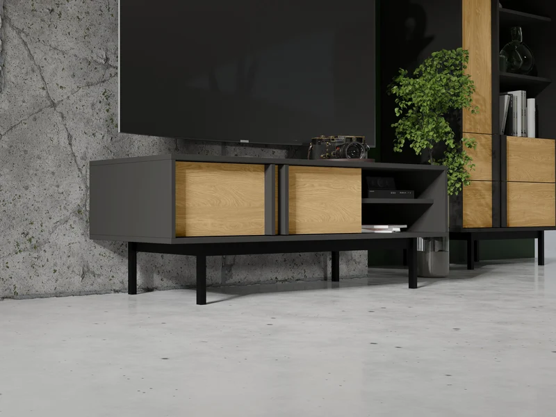 Alsy TV-Lowboard 163 cm mit 3 Türen und offenem Fach – Anthrazit / Eiche geölt