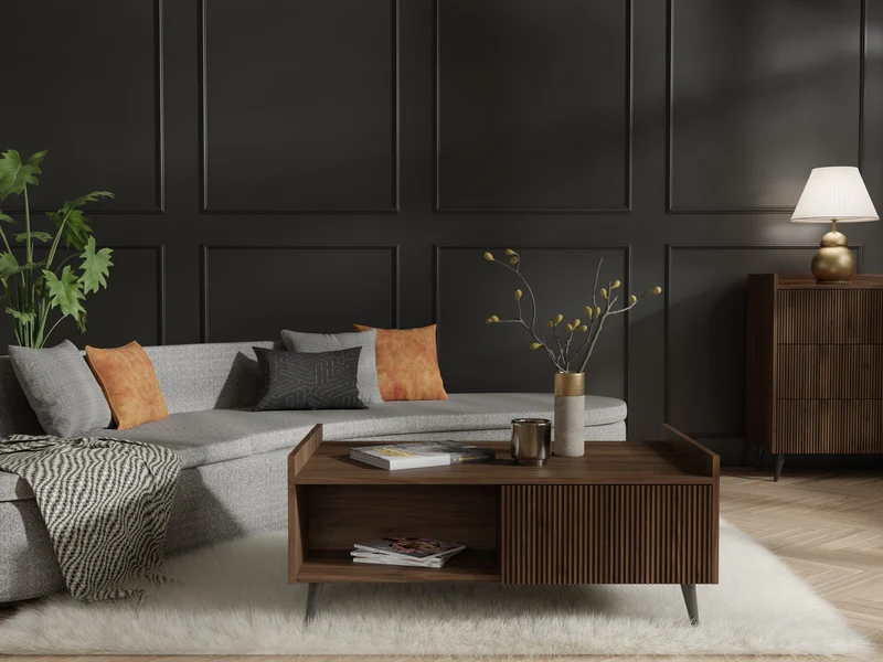 Ademo Couchtisch 100 cm mit Klappe und offenem Fach – Walnuss