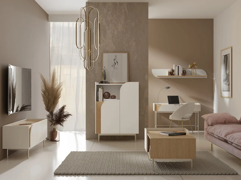 Carmen Couchtisch 92 cm mit 2 Türen und offenem Fach – Macadamia / Frühlingseiche