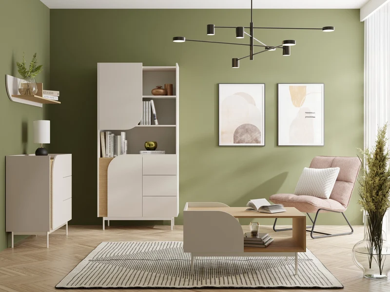 Carmen Couchtisch 92 cm mit 2 Türen und offenem Fach – Macadamia / Frühlingseiche