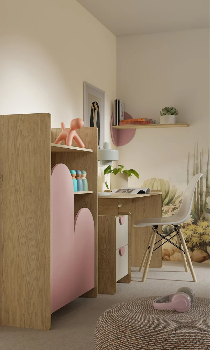 Lexi Schreibtisch 120 cm mit 2 Schubladen – Cremona Eiche / Macadamia / Puderrosa