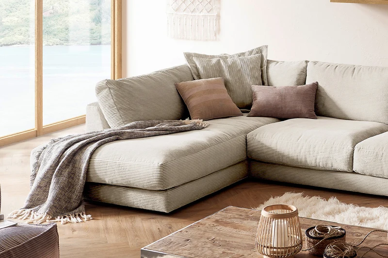 KAWOLA Sofa MADELINE Wohnlandschaft U-Form Cord cremeweiß