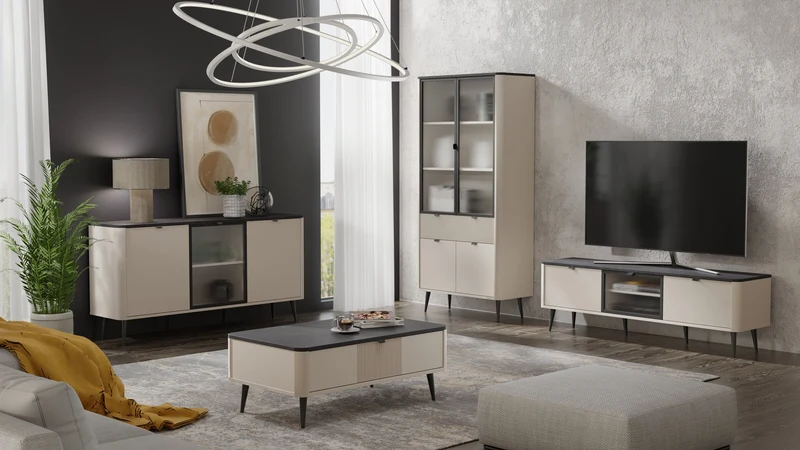 Marly Vitrine 90 cm mit 2 Glastüren, 2 Türen und 1 Schublade – Kaschmir / Grauer Stein