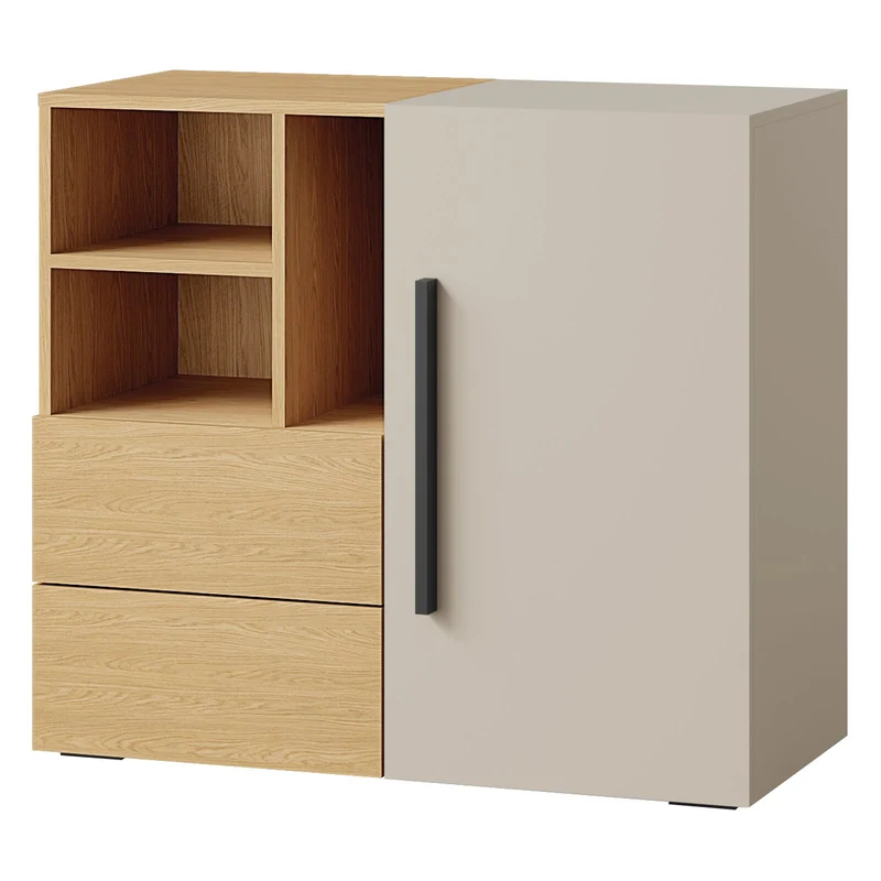 Lorin Kommode 90 cm mit 1 Tür, 2 Schubladen und offenen Fächern – Kaschmir / Frühlingseiche