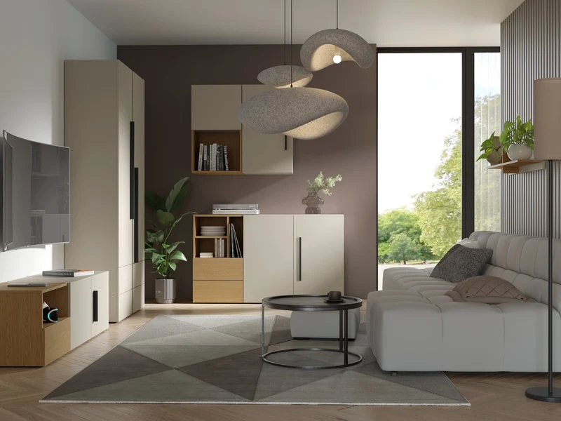 Lorin Kommode 90 cm mit 1 Tür, 2 Schubladen und offenen Fächern – Kaschmir / Frühlingseiche