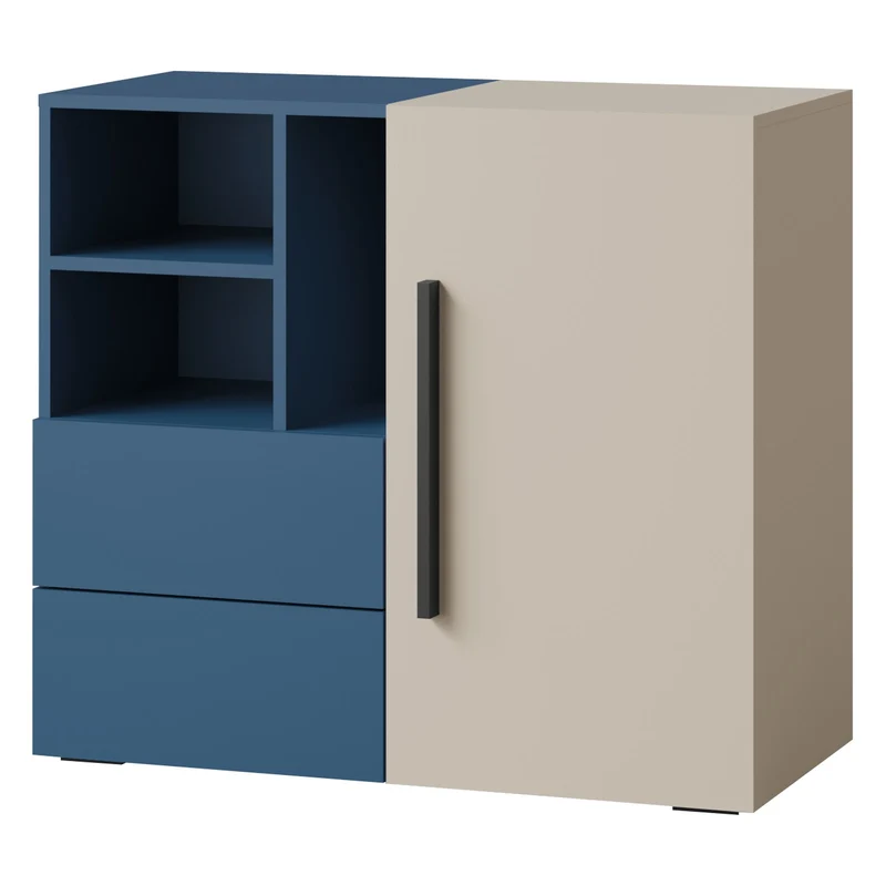 Lorin Kommode 90 cm mit 1 Tür, 2 Schubladen und offenen Fächern – Kaschmir / Meeresblau