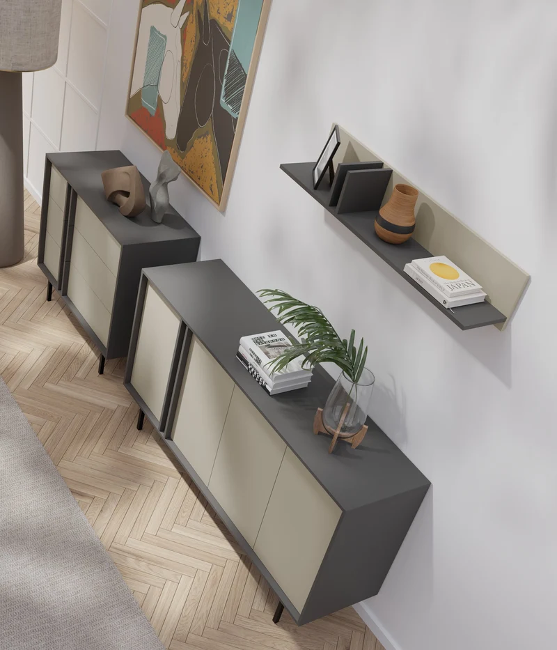 Alsy Kommode 93 cm mit 3 Schubladen – Anthrazit / Hellbeige