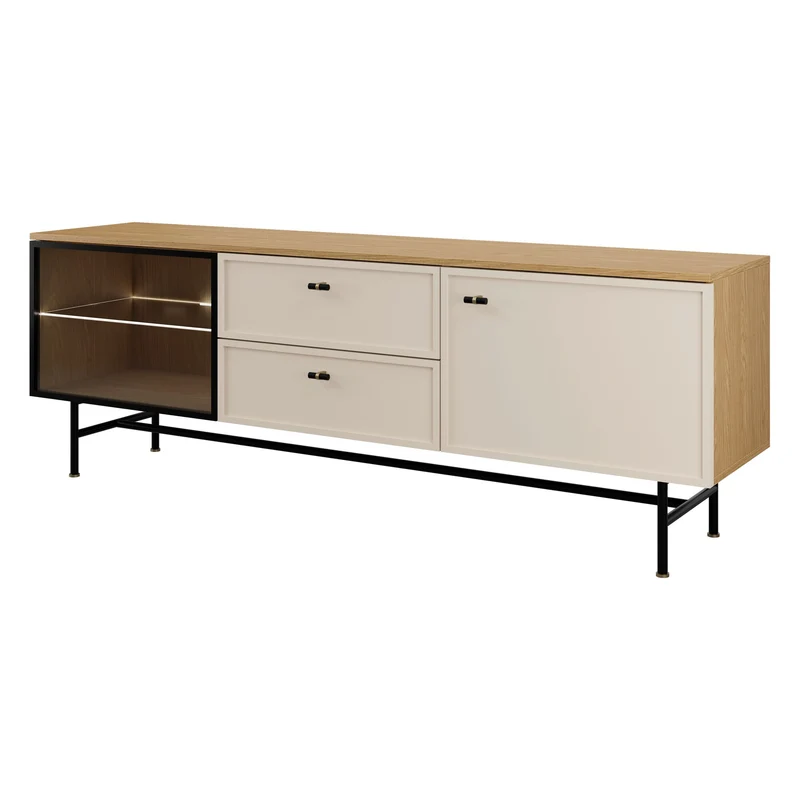Elora TV-Lowboard 180 cm mit 1 Glastür, 1 Tür und 2 Schubladen – Frühlingseiche / Macadamia