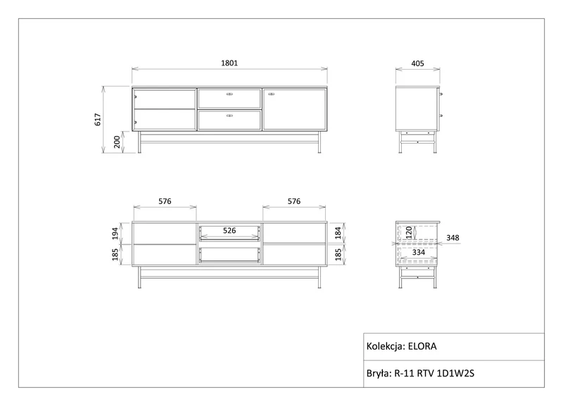 Elora TV-Lowboard 180 cm mit 1 Glastür, 1 Tür und 2 Schubladen – Frühlingseiche / Macadamia