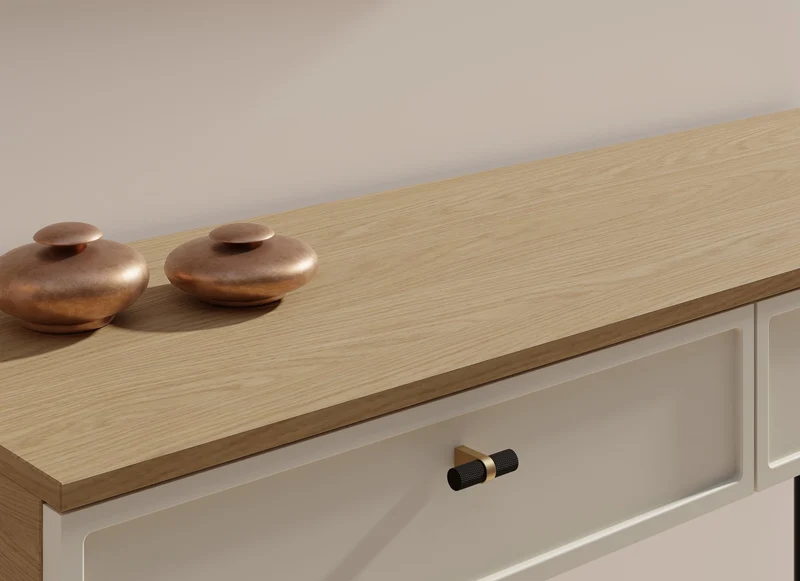 Elora TV-Lowboard 180 cm mit 1 Glastür, 1 Tür und 2 Schubladen – Frühlingseiche / Macadamia