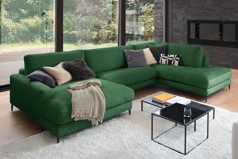 KAWOLA Sofa CARA Wohnlandschaft U-Form Cord smaragd