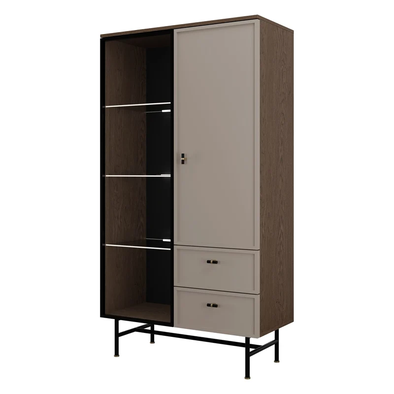 Elora Vitrine 90 cm mit 1 Glastür, 1 Tür und 2 Schubladen – Baltic Storm / Toffee