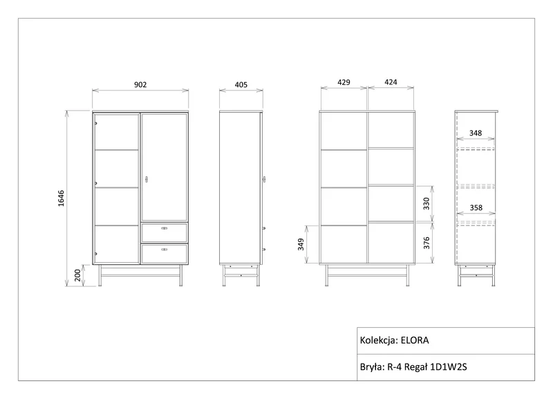 Elora Vitrine 90 cm mit 1 Glastür, 1 Tür und 2 Schubladen – Baltic Storm / Toffee