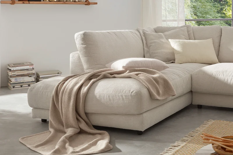 KAWOLA Sofa MADELINE Ecksofa mit Recamiere Cord cremeweiß