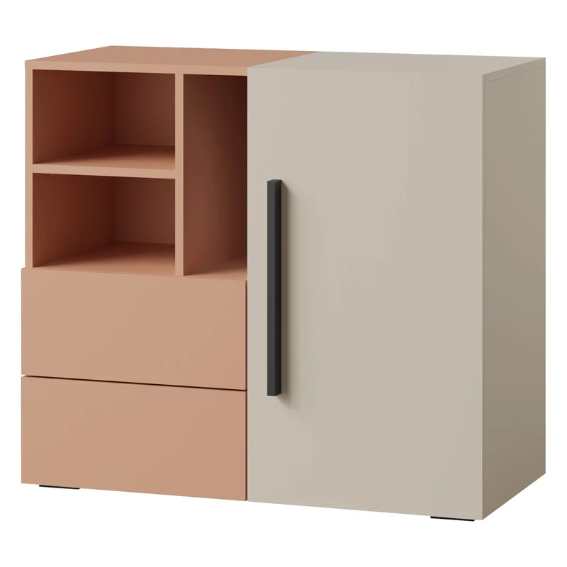 Lorin Kommode 90 cm mit 1 Tür, 2 Schubladen und offenen Fächern – Kaschmir / Alpaka