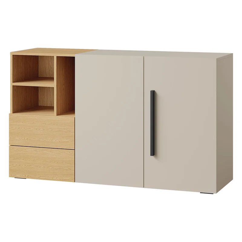 Lorin Kommode 135 cm mit 2 Türen, 2 Schubladen und offenen Fächern – Kaschmir / Frühlingseiche