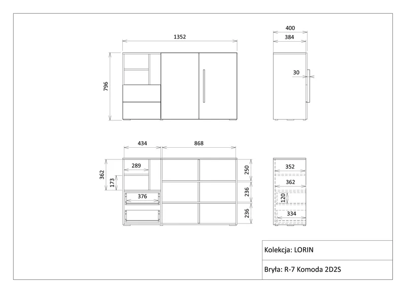 Lorin Kommode 135 cm mit 2 Türen, 2 Schubladen und offenen Fächern – Kaschmir / Frühlingseiche