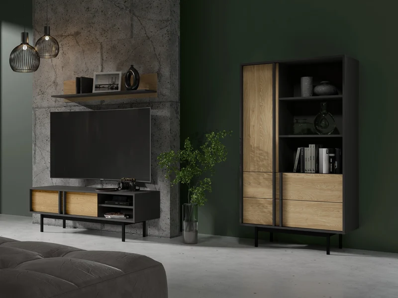 Alsy Kommode 123 cm mit 2 Türen und 3 Schubladen – Anthrazit / Eiche geölt