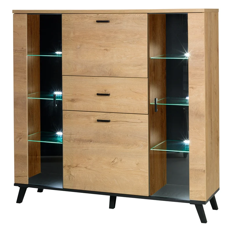 John Vitrine 131 cm mit 2 Glastüren, Tür, Klappe und Schublade – Eiche Lefkas / Schwarz