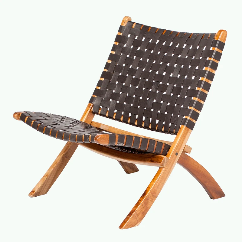 Lounge-Stuhl ATANI Leder Dark-Brown 65x75x75cm Teak klappbar