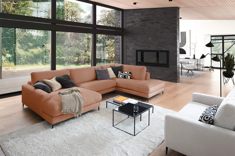KAWOLA Sofa CARA Wohnlandschaft U-Form Cord rost