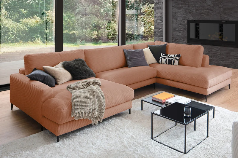 KAWOLA Sofa CARA Wohnlandschaft U-Form Cord rost