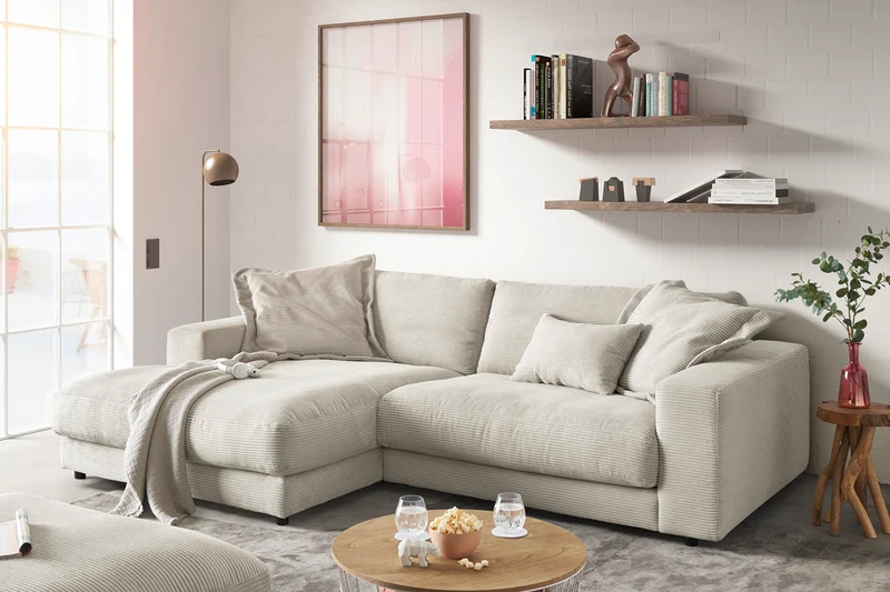 KAWOLA Sofa MADELINE Ecksofa mit Longchair Cord hellgrau