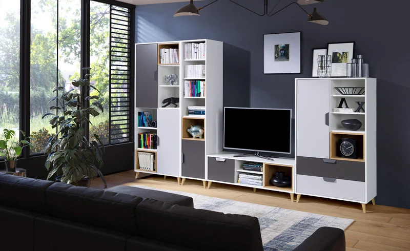 Joker Highboard 80 cm mit 1 Tür und 2 Schubladen – Weiß / Graphit / Grau / Eiche Lefkas