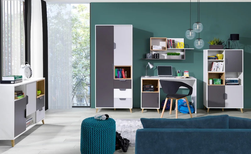 Joker Highboard 80 cm mit 1 Tür und 2 Schubladen – Weiß / Graphit / Grau / Eiche Lefkas