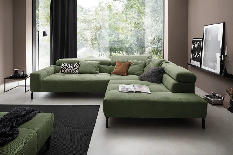 KAWOLA Sofa OHIO Ecksofa Feincord olivgrün