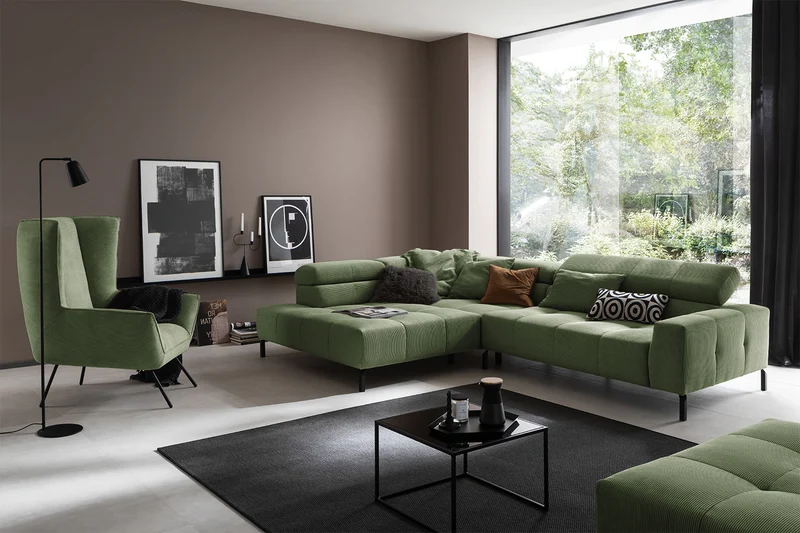 KAWOLA Sofa OHIO Ecksofa Feincord olivgrün