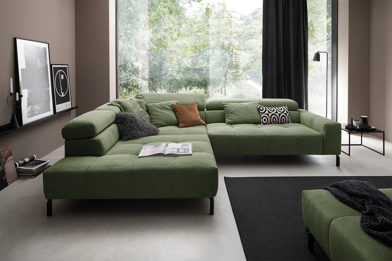 KAWOLA Sofa OHIO Ecksofa Feincord olivgrün