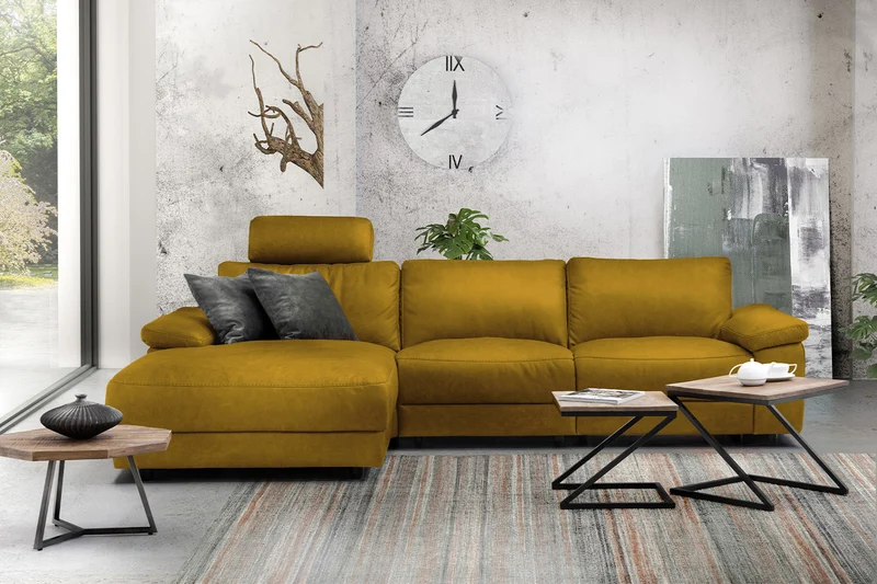 KAWOLA Sofa LOLA Ecksofa Stoff curry mit motorischer Relaxfunktion