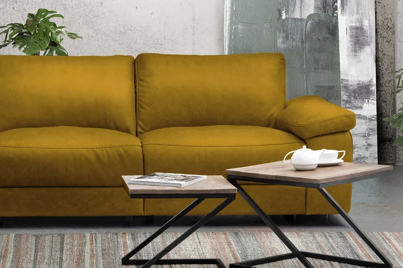 KAWOLA Sofa LOLA Ecksofa Stoff curry mit motorischer Relaxfunktion
